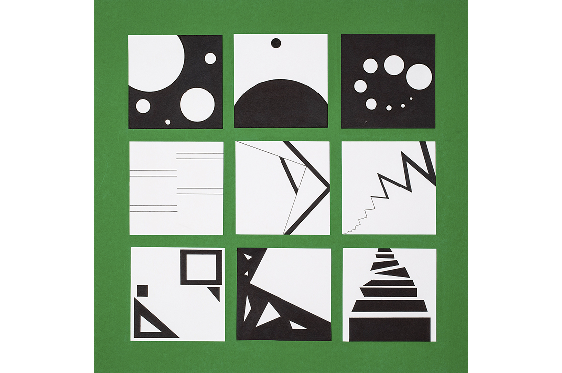 set of 9 black and white squares with shapes set against green background