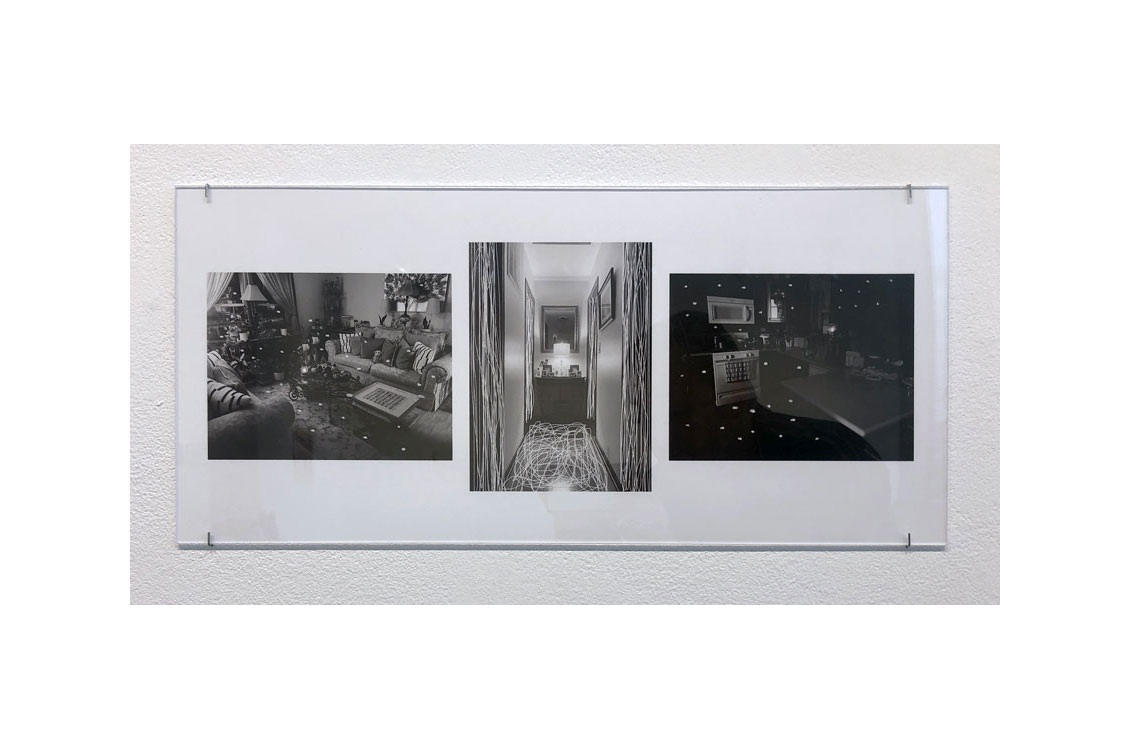 triptych of three black and white photos showing home interior