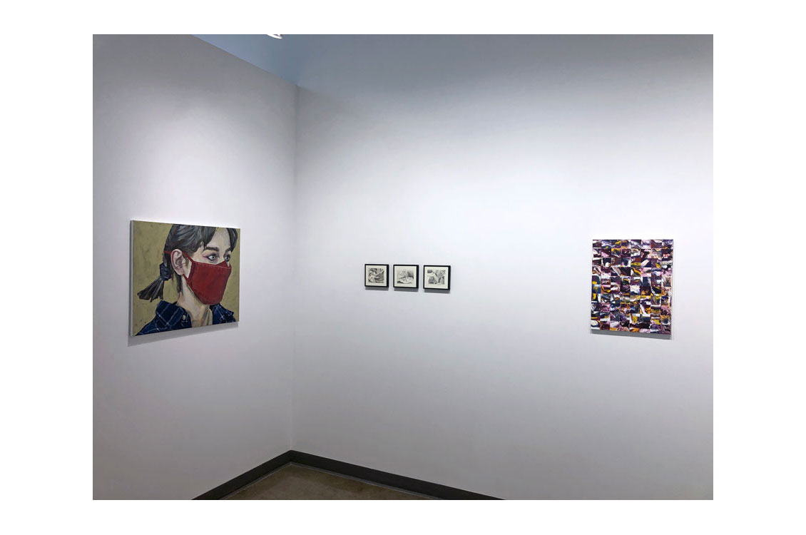 "interior gallery view with paintings on wall, portrait on left, collage and triptych on right