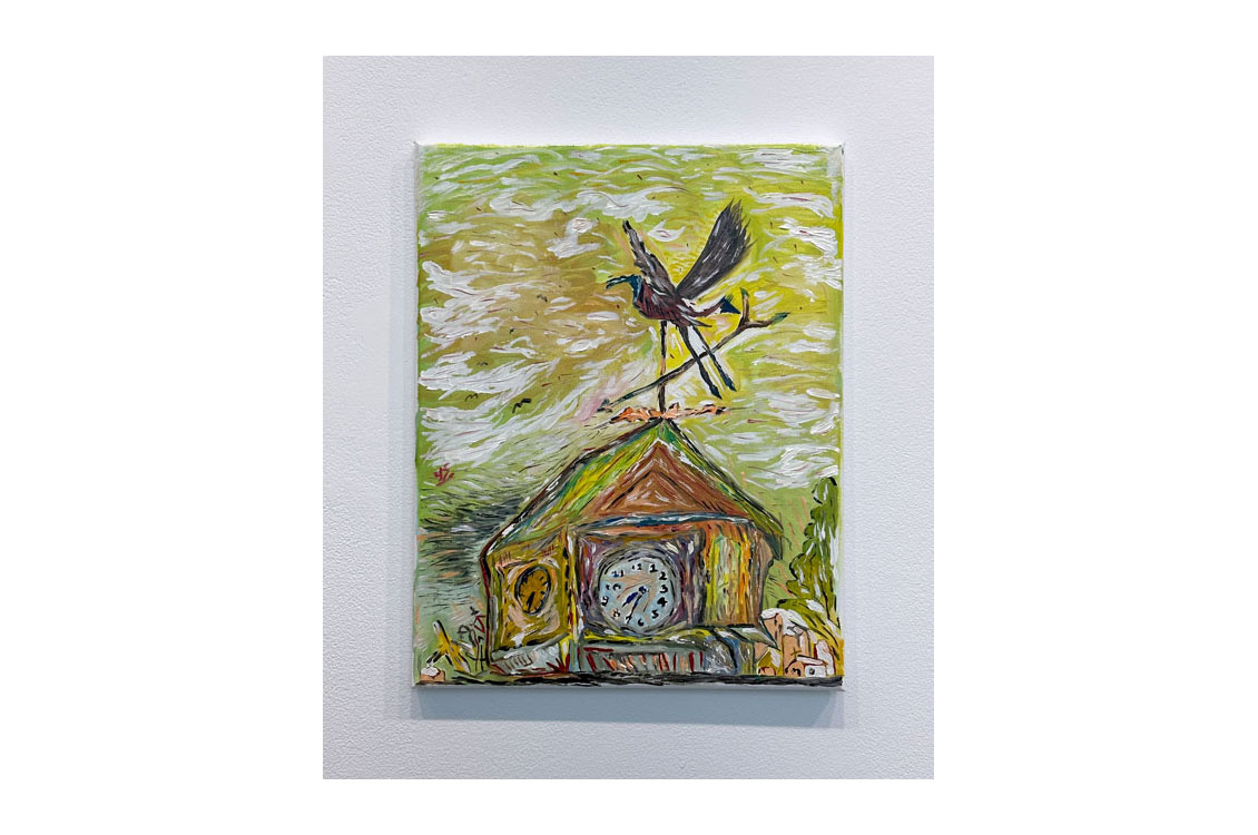 painting of a bird perched on a clock in the style of Van Gogh