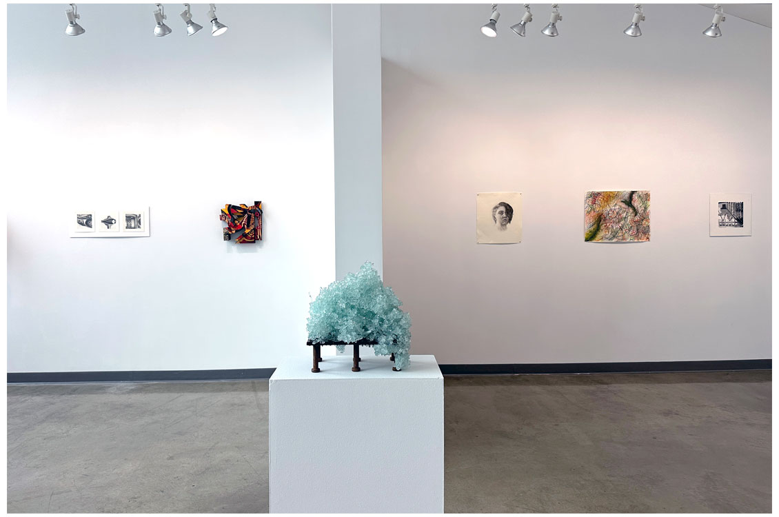 interior gallery view with crystalline sculpture on display