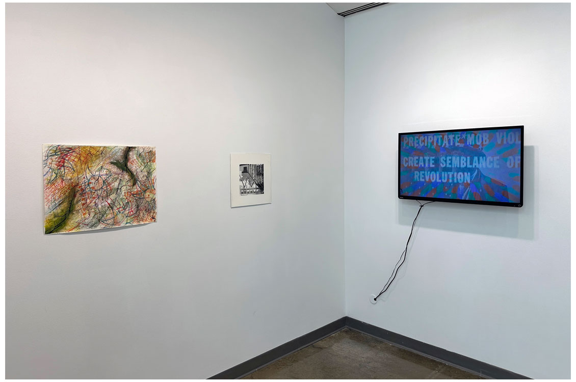 interior gallery view with small works on display