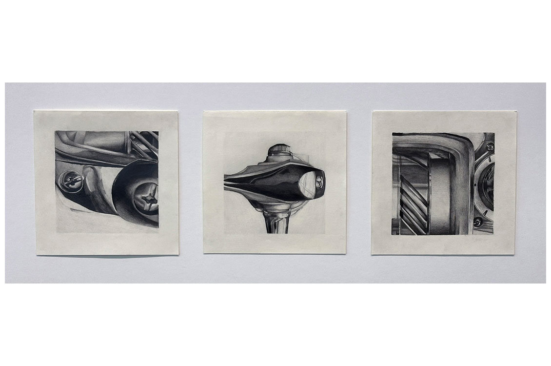 a triptych of black and white abstract drawings with a mechanical feel