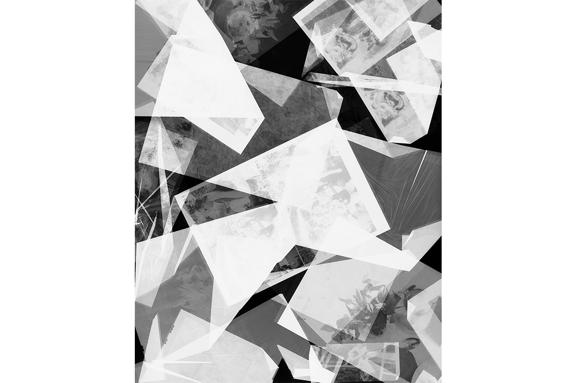 Grayscale image of cut up photos and photo negatives layered over one another.