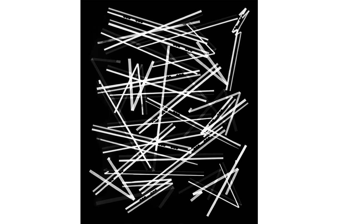 White and gray lines on a black background, some intersecting in triangle shapes.