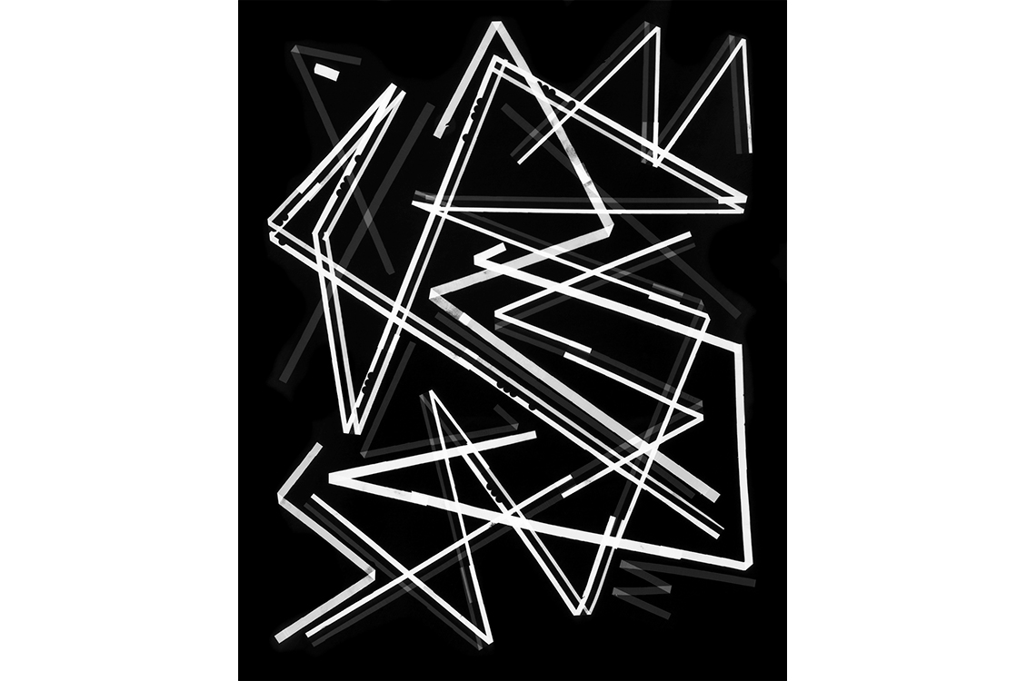 White and gray lines on a black background, some intersecting in triangle shapes.