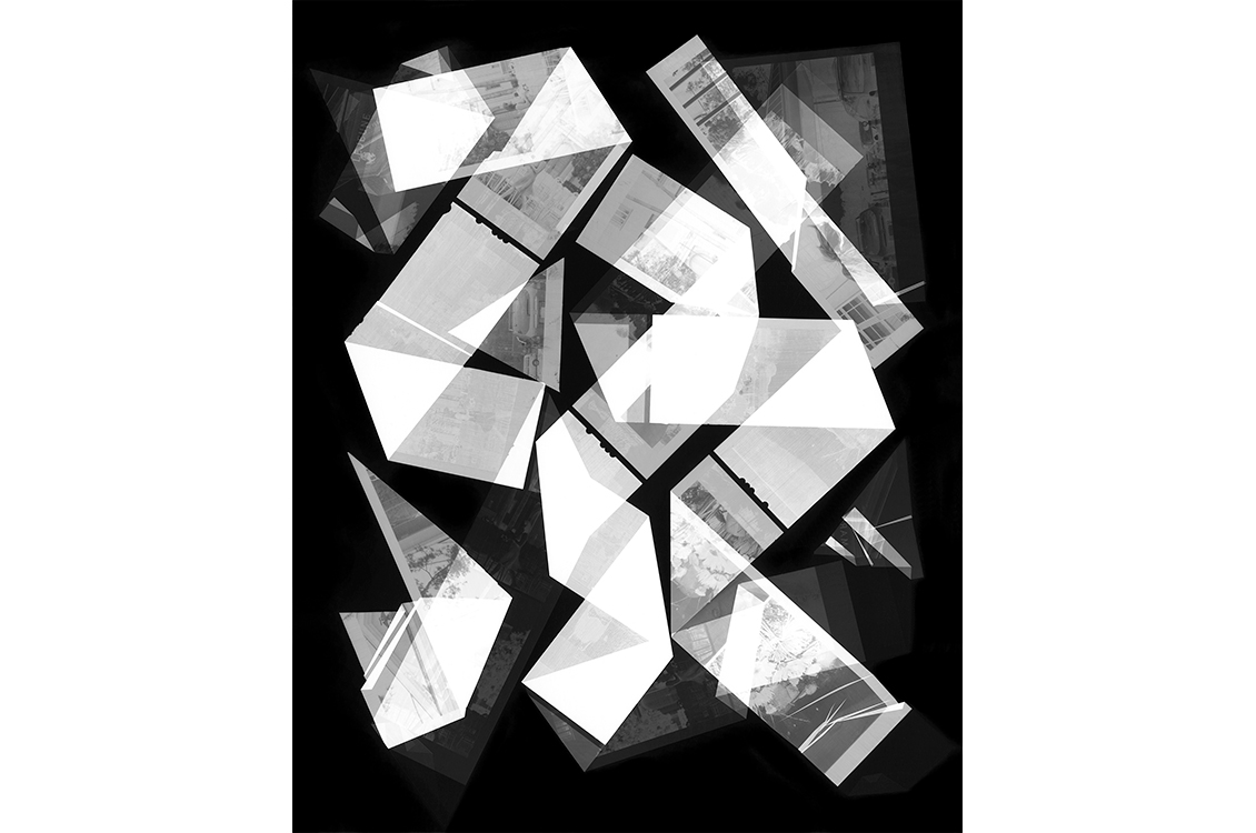 Photographic negatives cut up and arranged in strips on a black background.