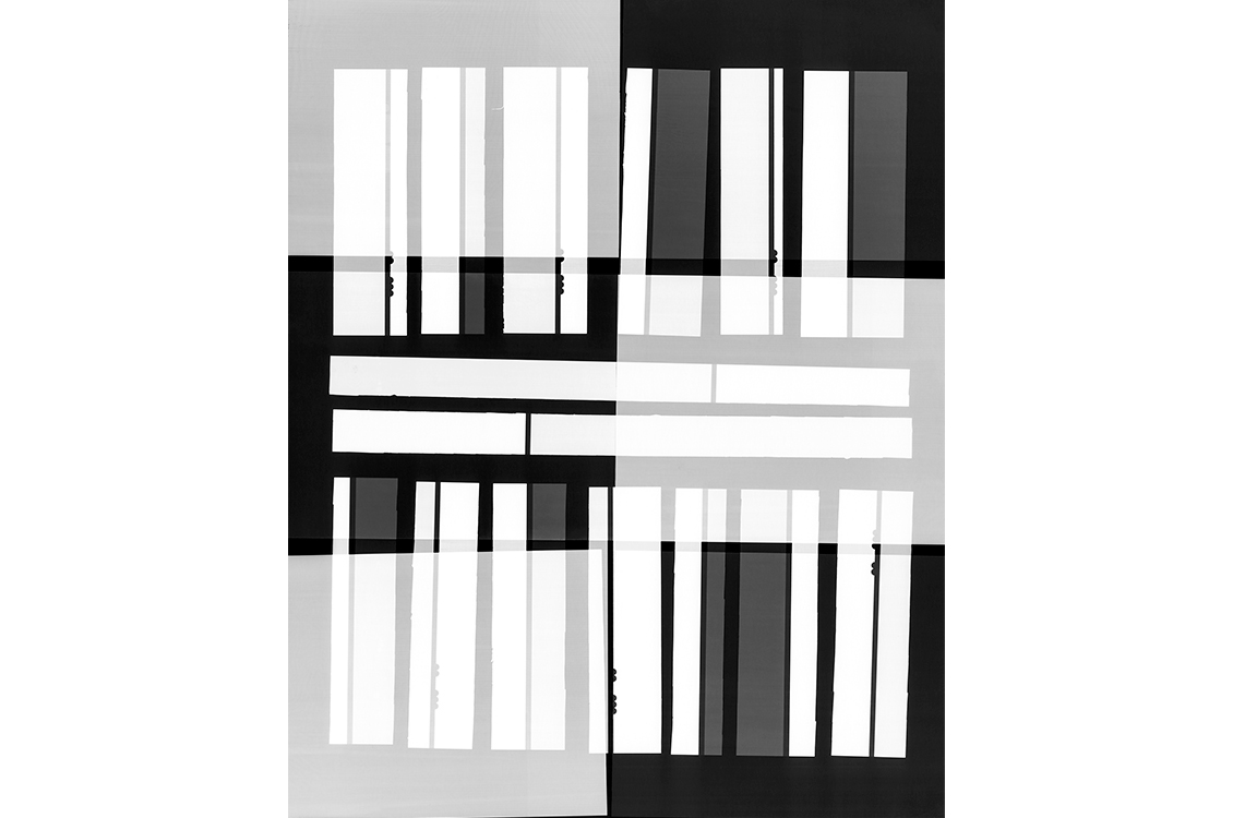 Cut up photographs in black and white in vertical stripes.