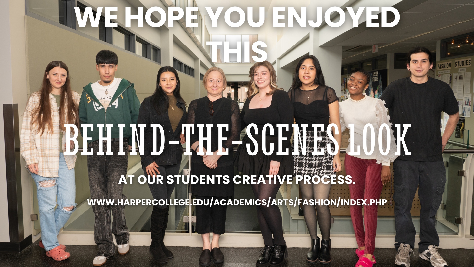 Harper College fashion students standing in a group with a thank-you message overlayed on top of it