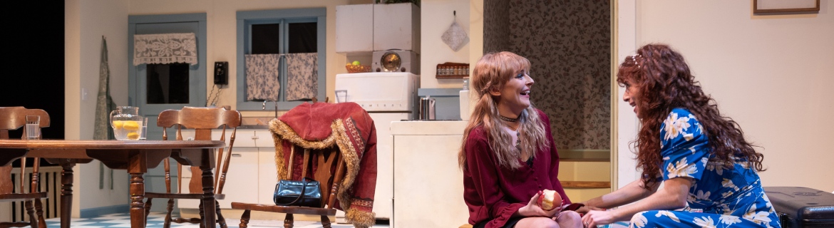 Two student actors in the Theatre Arts program rehearsing a scene on stage in the Performing Arts Center on Harper College's campus in Palatine, Illinois.
