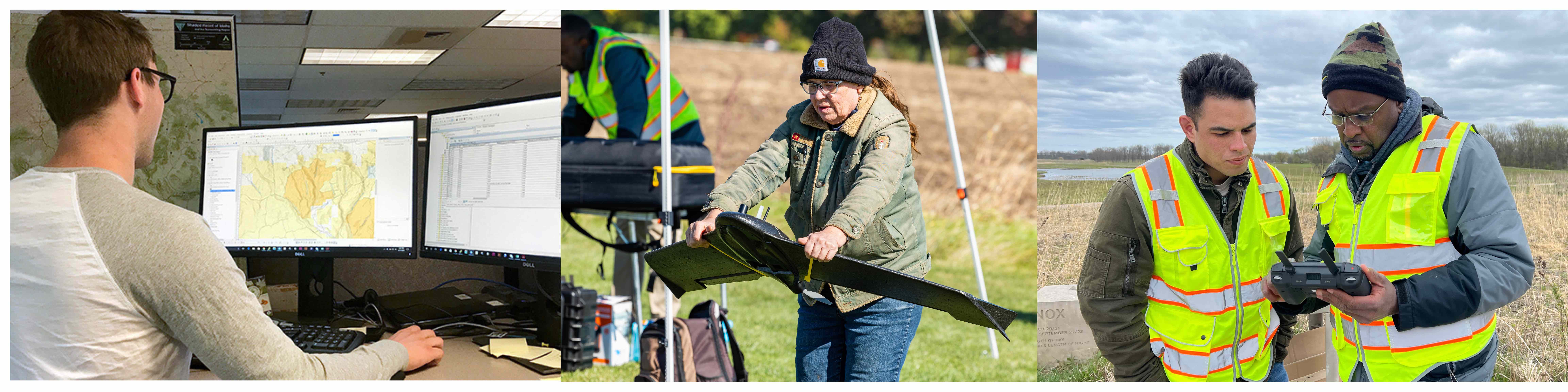 Collage of three images showcasing Harper College GIS and Drone Technology Program students and faculty operating GIS software and flying drones.