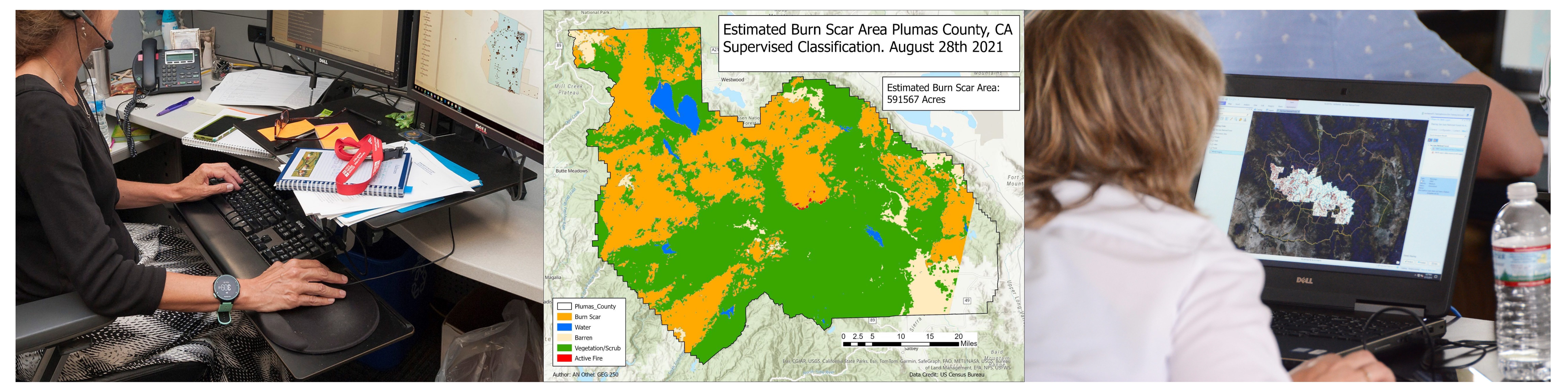 Three images side-by-side depicting a woman at an office desk using GIS software, a map of Pumas County displaying burn scar area, and a woman using GIS software on a laptop in a classroom.