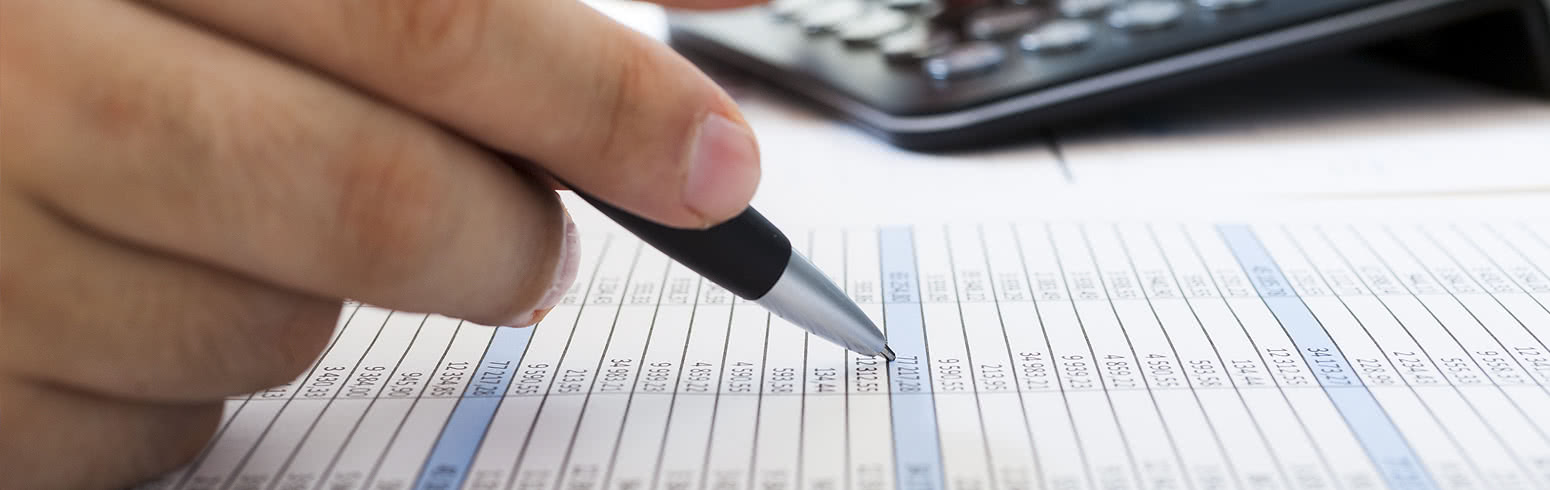 Zoomed-in view of an accountant's hand as they notate a budget report.