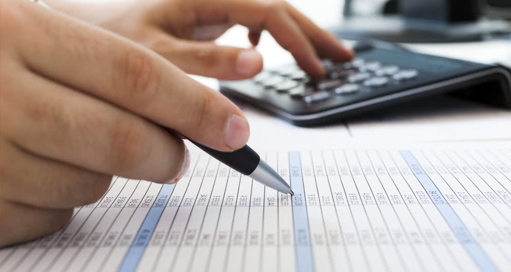 Zoomed-in view of an accountant's hand as they notate a budget report.