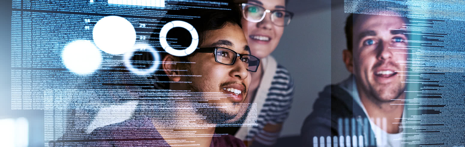 IT students viewing data from a holographic computer interface.
