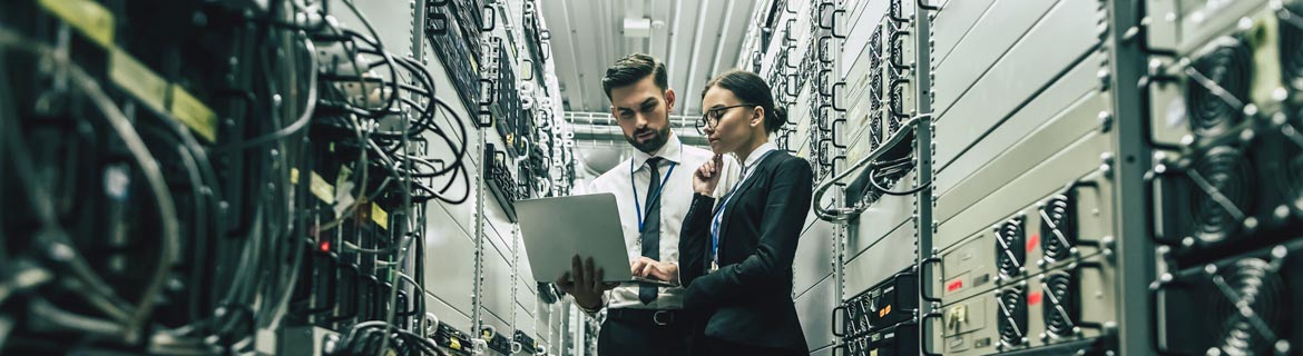 Man and woman examining files