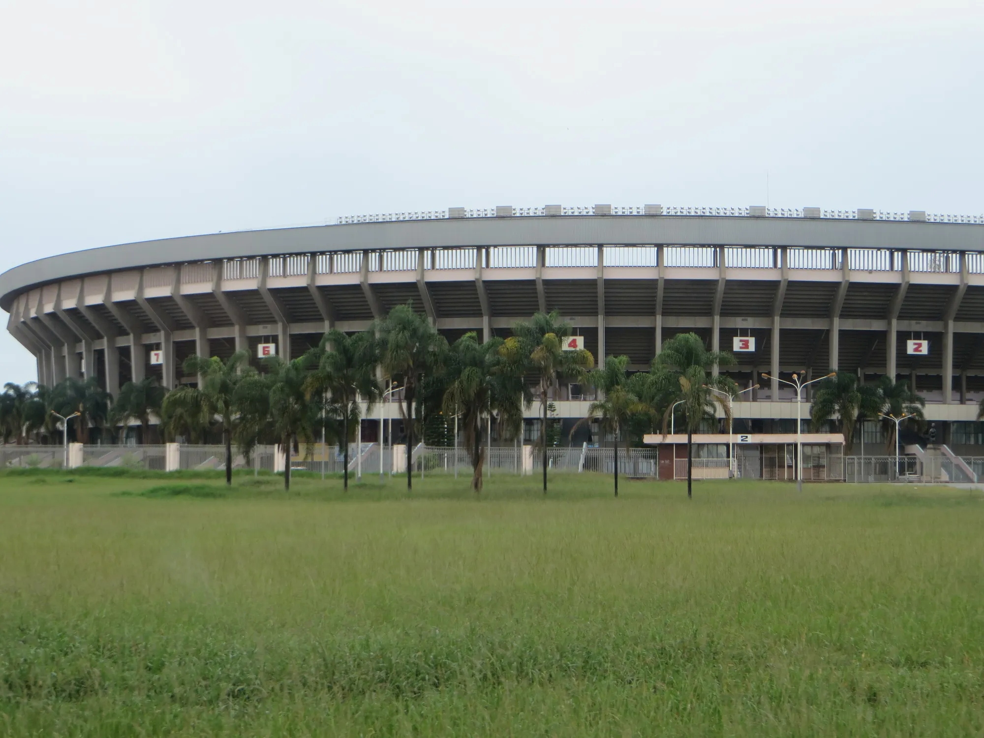 Large soccer stadium photographed from the outside 
