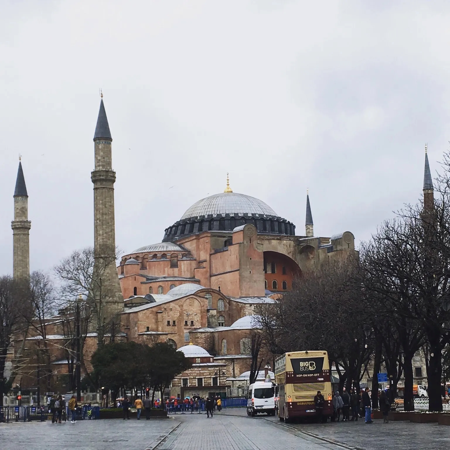 Exterior of the Hagia Sofia in Istanbul, four minarets visible