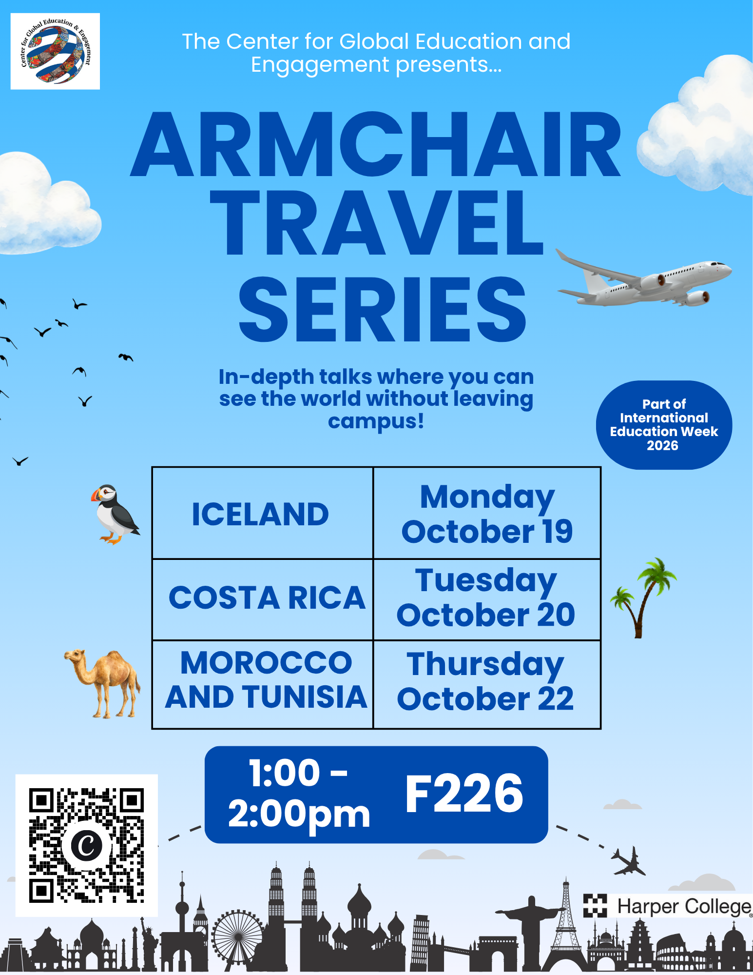 Flyer detailing Armchair Travel Series