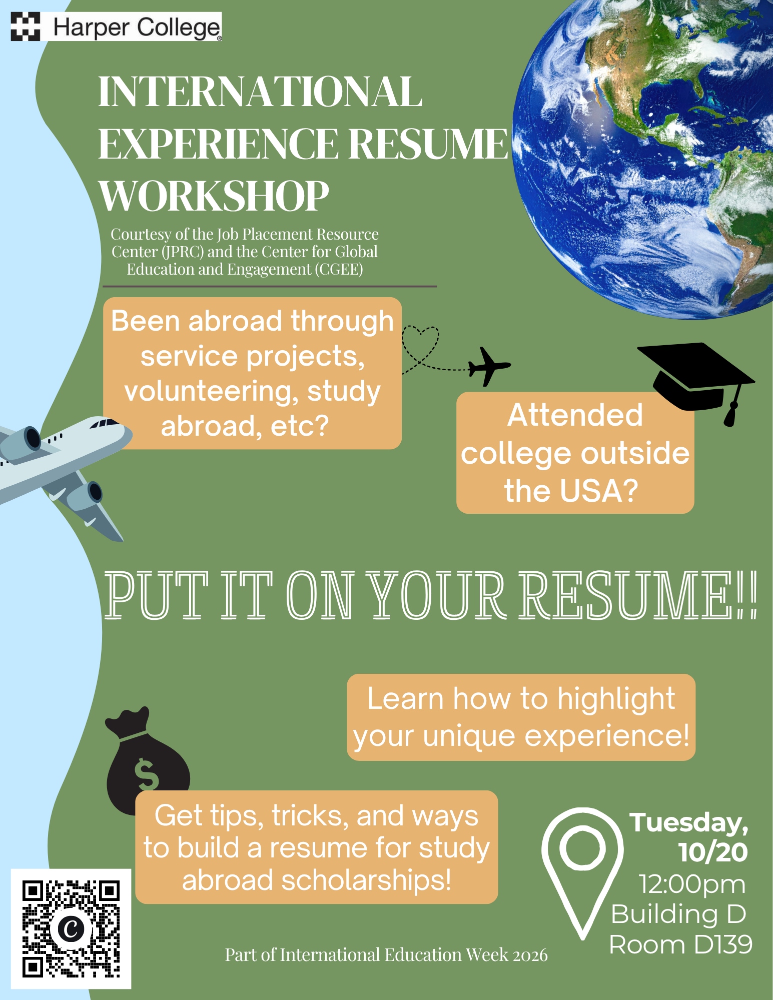 Flyer detailing International Experience Resume Workshop