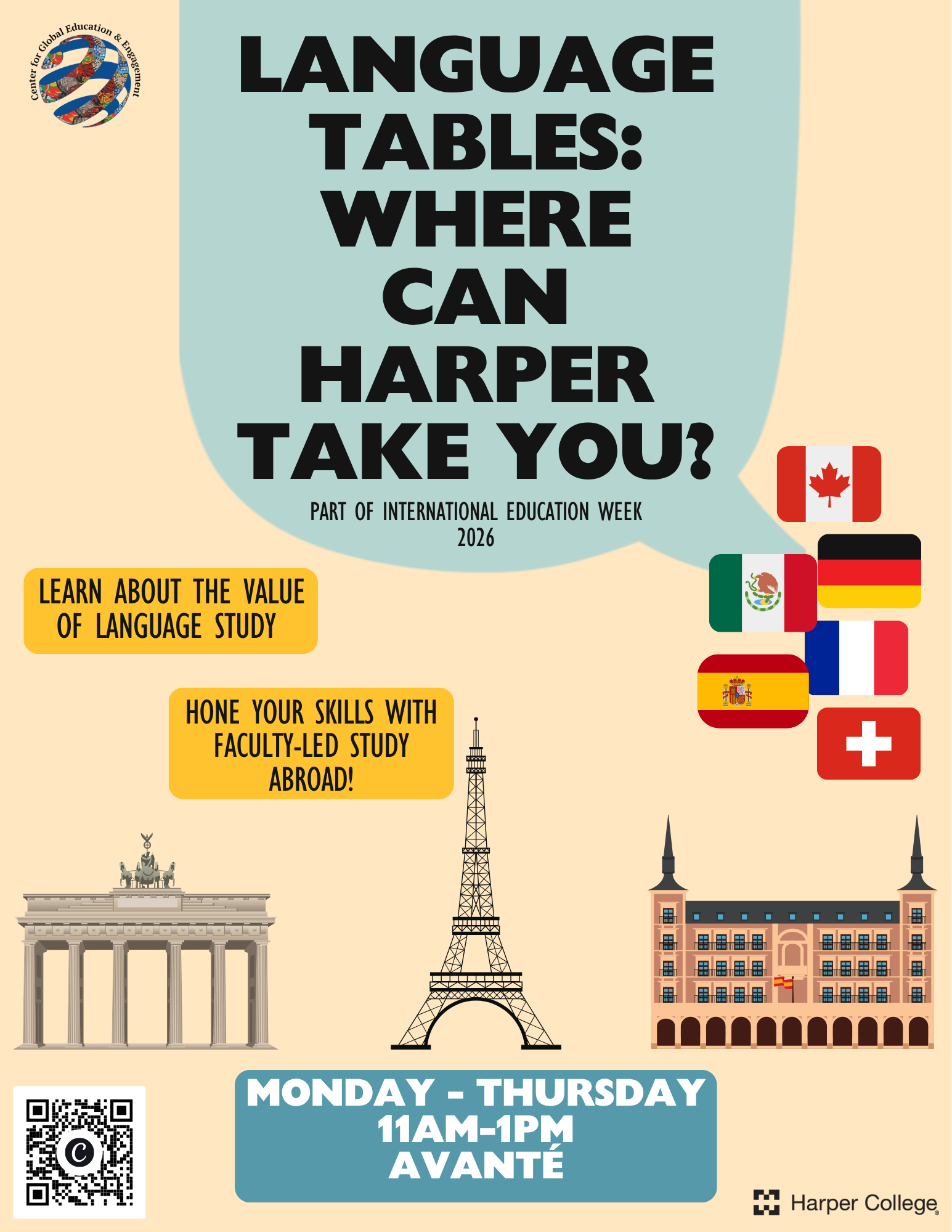 Flyer for Language Tables with flags and monuments