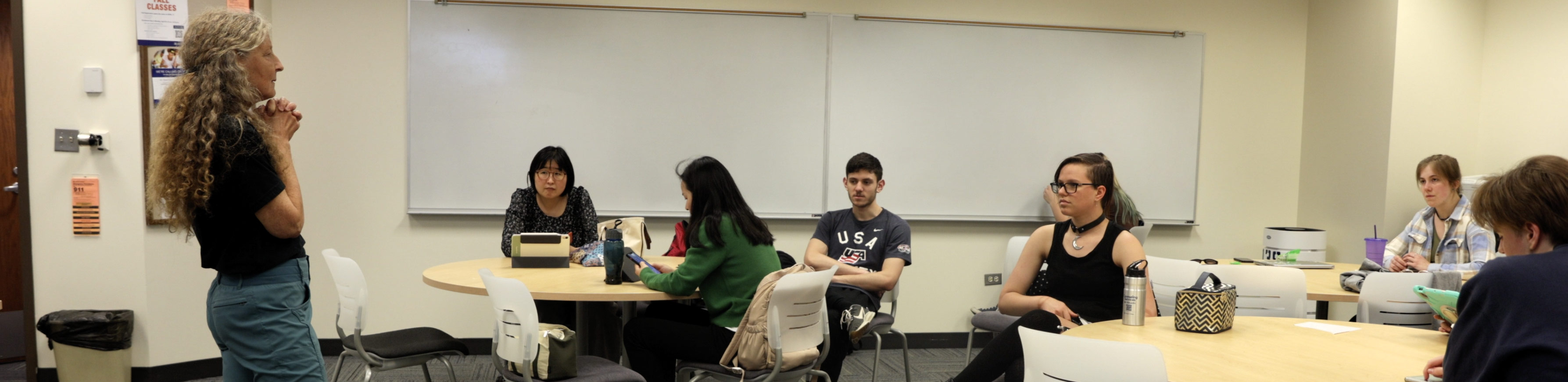 A teacher lecturing to a group of students