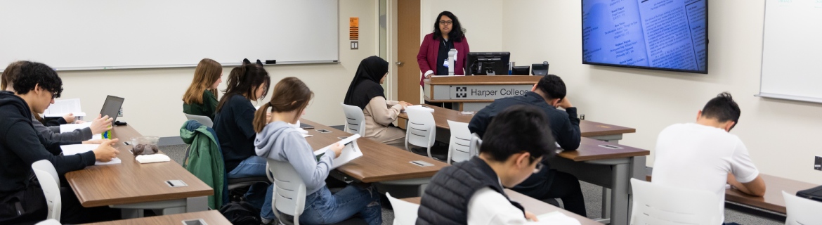 Humanities program students in class on the Harper College campus in the Chicago suburbs.