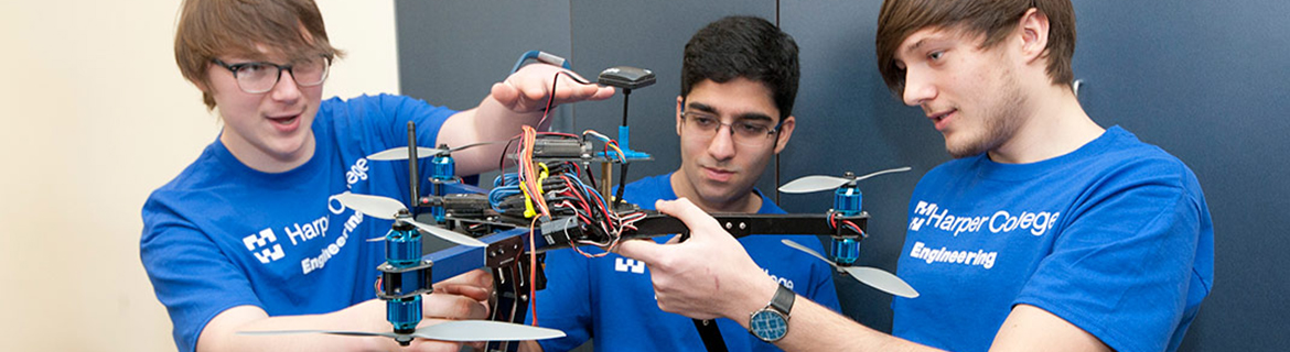 Harper electronics engineering students working on a drone project for the electronics program