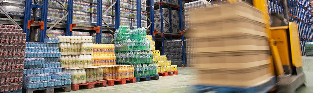 Storage room filled with mass supplies of food and drinks