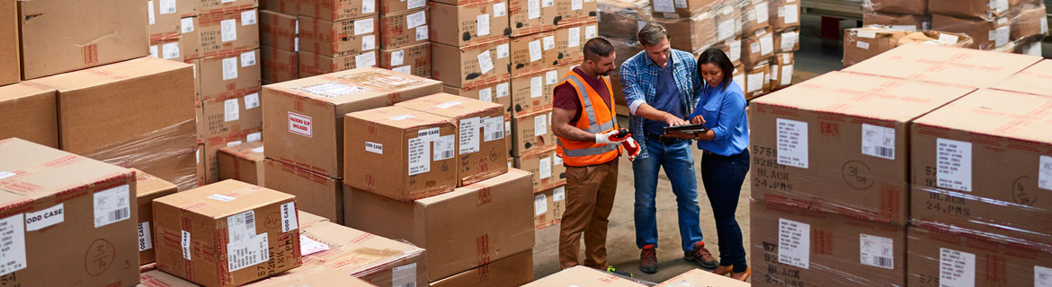 Group of people on supply-site with supply of boxes