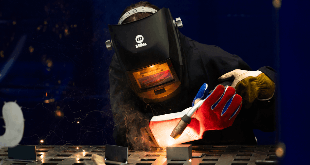 Harper Welding Certificate student practicing arc welding techniques in the Welding Technology facilities on Harper College's campus in the Chicago suburbs.