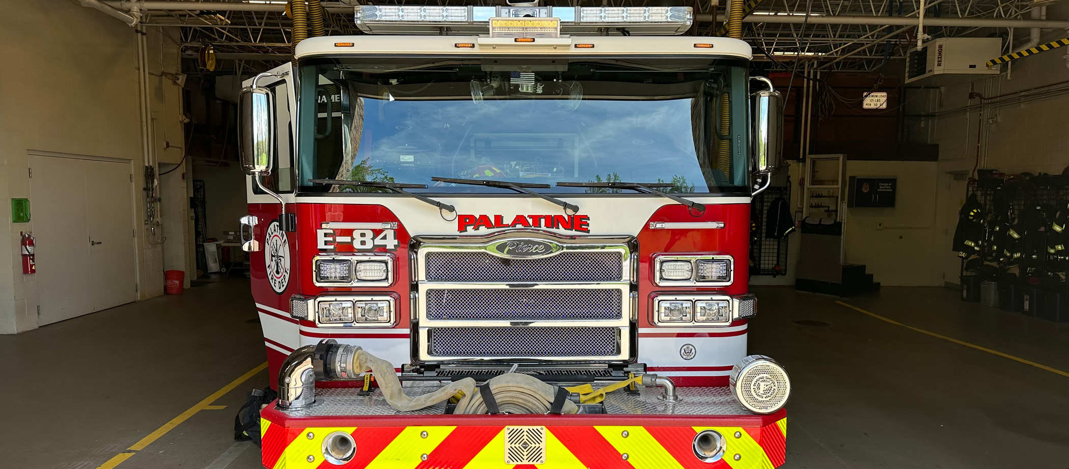 Palatine, Illinois firetruck parked in the nearby Fire Department Station affiliated with Harper's Fire Science Technology program located in the Chicago suburbs.