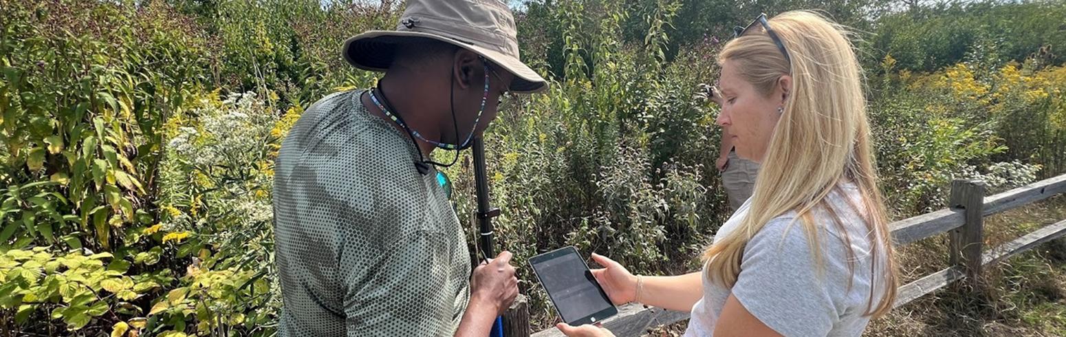Two people working at Craig Stettner Prairie at Harper College stand by a wooden fence; one holds a survey pole and the other holds a tablet, with tall grasses and wildflowers behind them