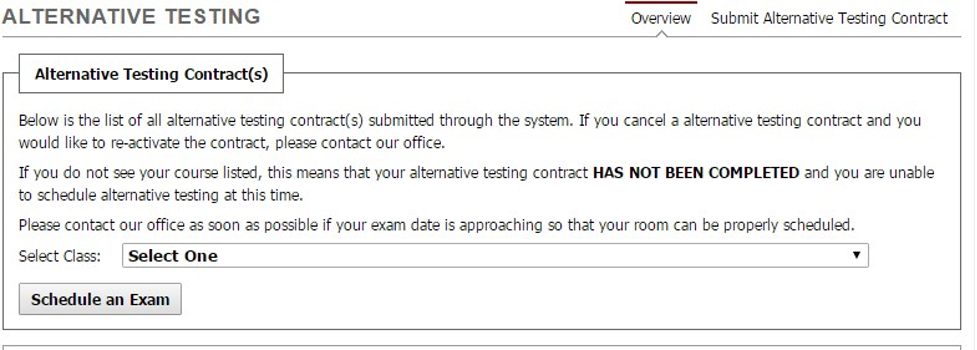 Alternative Testing Contract menu