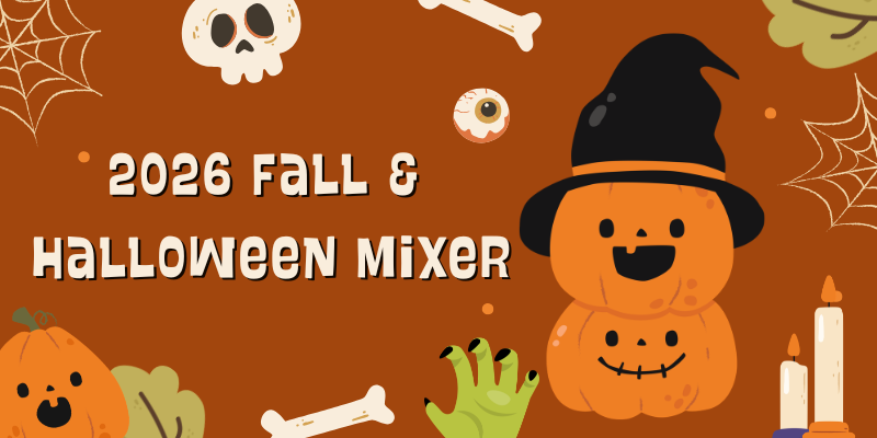 2026 Fall Halloween Mixer poster that features pumpkins, cobwebs and candles.