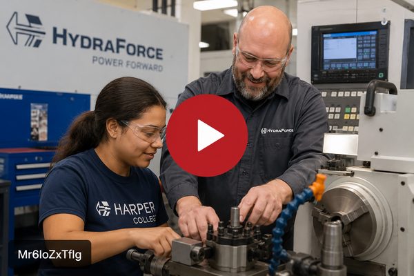 A Harper College apprentice works with a HydraForce employee at a machine in a manufacturing facility.