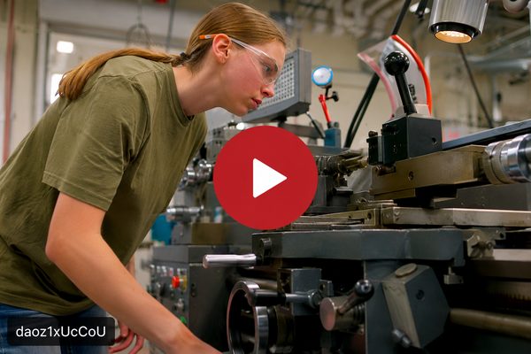 An apprenticeship student wearing safety glasses works with a metal lathe in a manufacturing lab.