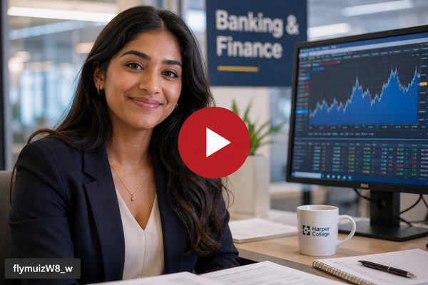 A banking and finance apprenticeship student sits at a desk beside a financial data display.