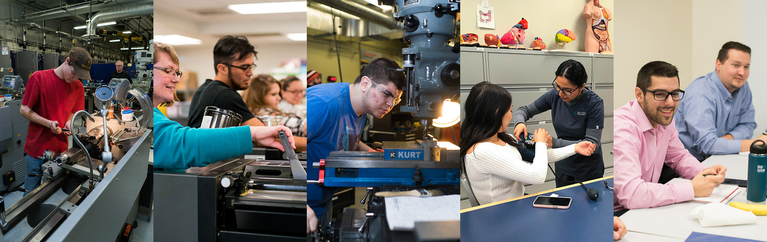 Students engaged in hands-on learning across manufacturing, medical, and classroom environments, demonstrating diverse technical and professional skills.