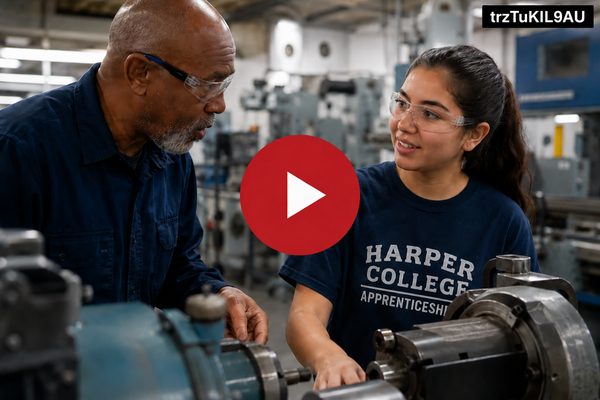 A Harper College apprenticeship student talks with an instructor while working with manufacturing equipment.