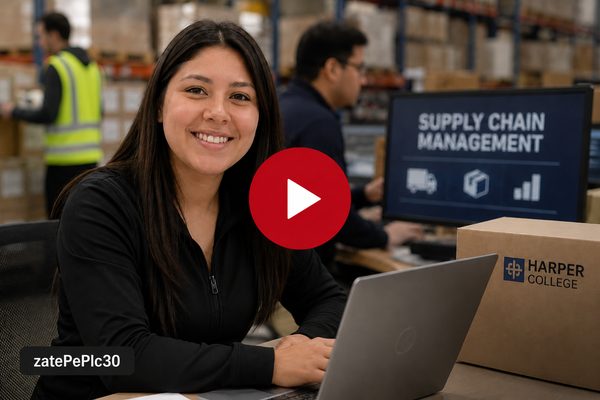 An apprenticeship student sits at a laptop in a supply chain and warehouse workplace.