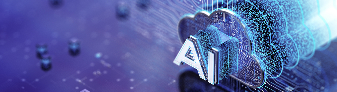 The letters AI displayed over a cloud icon with a texture emulating the lines and contact points of a microchip.