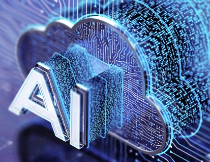the word AI written in block letters with a futuristic cloud motif behind it