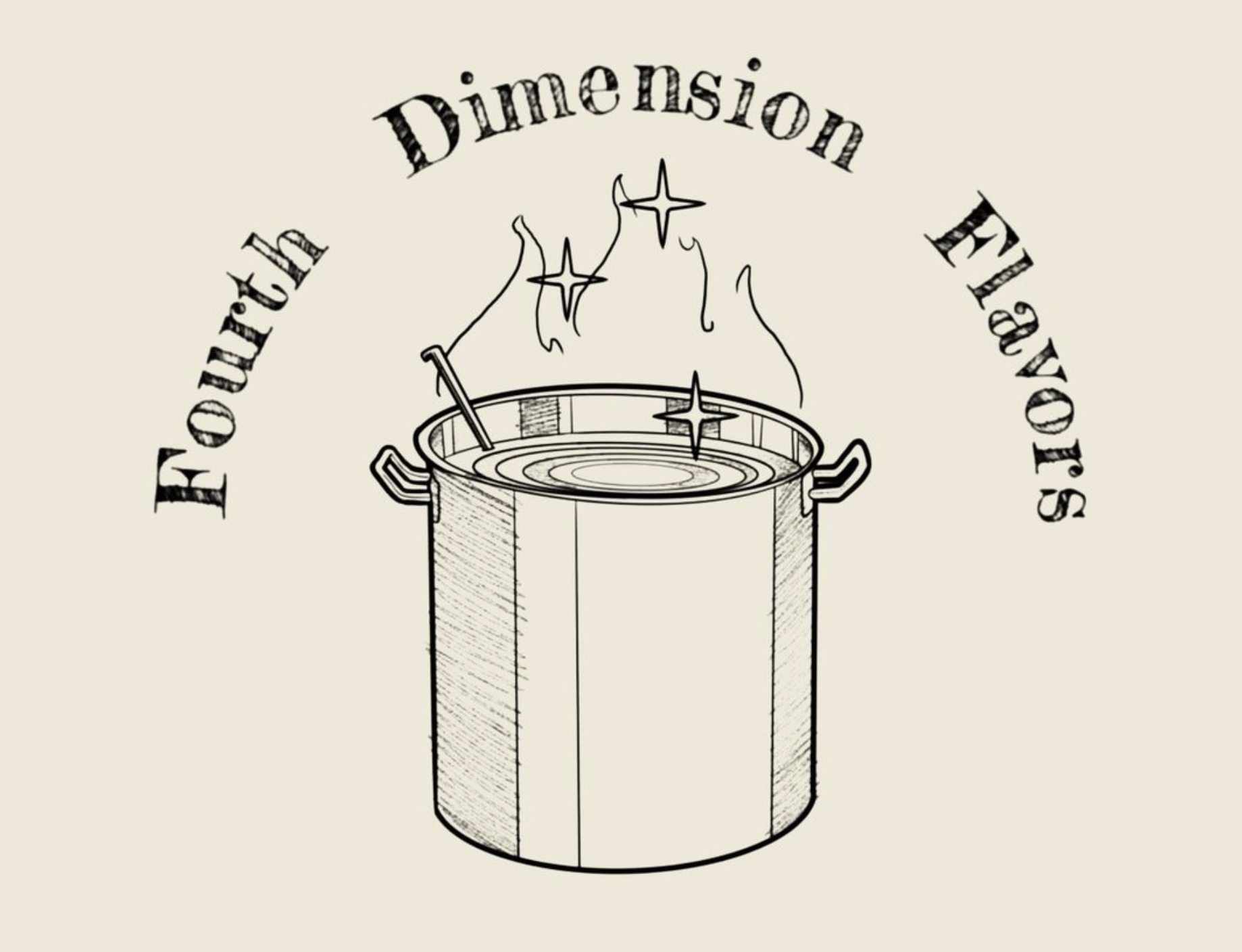 Fourth Dimension Flavors logo that features a large pot with some sparkles and a flame.
