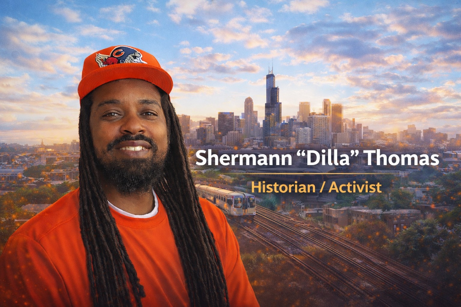 Historian and Activist Shermann "Dilla" Thomas pictured in front of the Chicago skyline at sunset