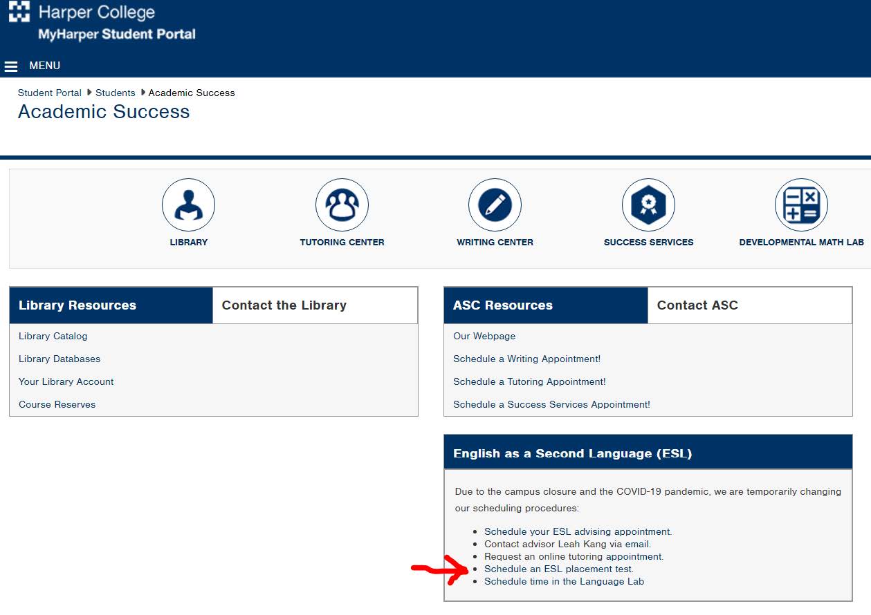Pointing to "schedule an ESL placement test"
