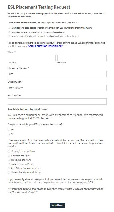 Image of ESL PLacement Testing Request form