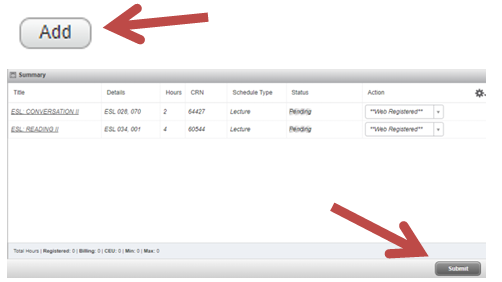 Course registration page showing Add and Submit buttons with a summary table listing selected ESL Conversation II and ESL Reading II courses, each with CRN, hours, and status.