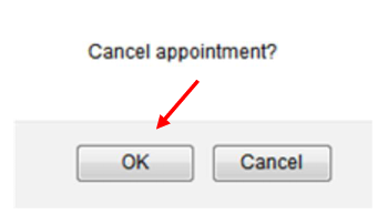 Prompt with the message ‘Cancel appointment?’ displayed above two buttons: OK to confirm the cancellation or Cancel to go back.