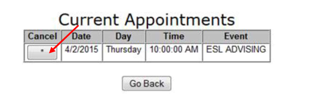 Current Appointments step showing a table with Cancel button marked by an asterisk next to an ESL Advising appointment on Thu, Apr 2, 2015, 10:00 AM.